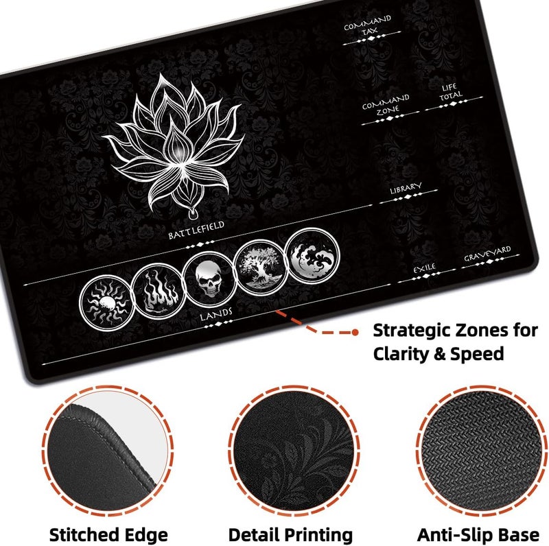 FROGIGO MTG Playmat with Play Zones – Magic Play mat Card Game Mat for Magic The Gathering, Lotus & Basic Lands Design, 24x14 inch, Stitched Edge, Non-Slip Base with Prismatic Playmat Tube-White Zone - Image 3